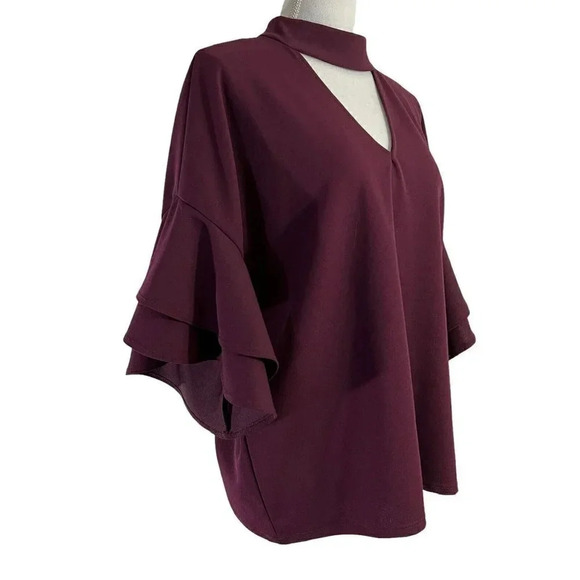 Blue Rain Burgundy Blouse Keyhole Neckline Flared Layered Ruffle Sleeves Large - Picture 2 of 9